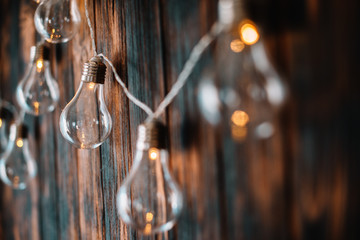Light bulbs hang on dark wooden wall