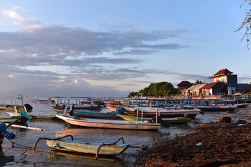 Fishing boats in Nusa Penida Island during sunset, Indonesia