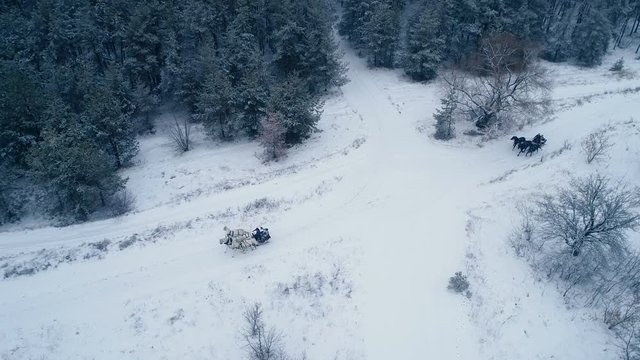 Aerial view of troika. A Russian carriage drawn by a team of three black and three white horses side by side. 4K