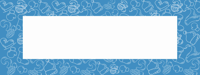 Winter holidays mood pattern and banner, skates, boots, coffee, hats and other winter stuff for skating, illustration for cold time open air activity with space for text or design