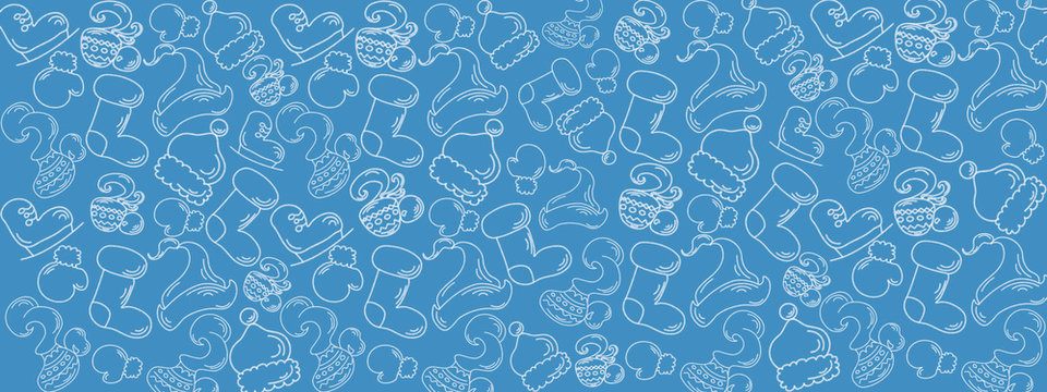Winter holidays mood pattern and banner, skates, boots, coffee, hats and other winter stuff for skating, illustration for cold time open air activity with space for text or design