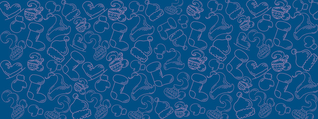 Winter holidays mood pattern and banner, skates, boots, coffee, hats and other winter stuff for skating, illustration for cold time open air activity with space for text or design