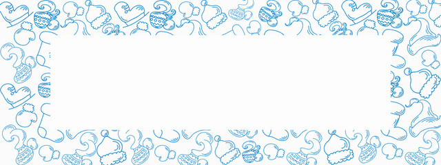 Winter holidays mood pattern and banner, skates, boots, coffee, hats and other winter stuff for skating, illustration for cold time open air activity with space for text or design