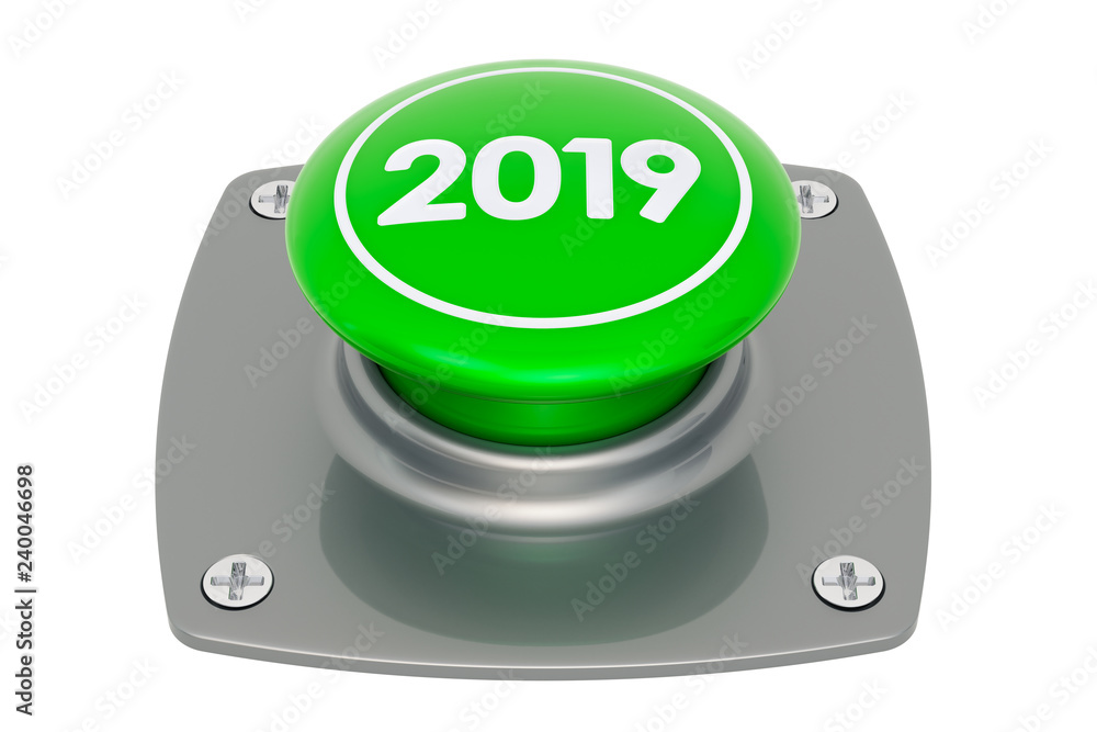 Poster 2019 green button, 3d rendering