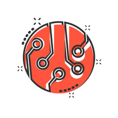 Fototapeta premium Circuit board icon in comic style. Technology microchip vector cartoon illustration pictogram. Processor motherboard business concept splash effect.