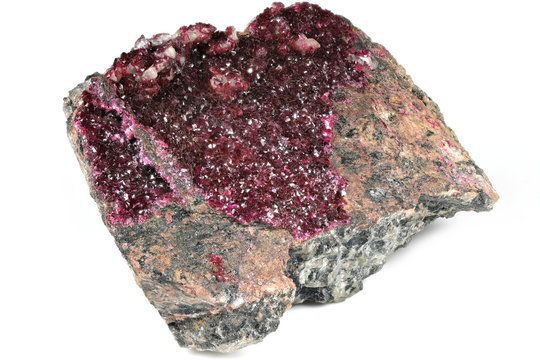 roselite crystals on matrix from Bou Azzer, Morocco isolated on white background