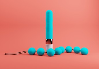 a collection of different types pink of sex toys, including dildo and love balls on living coral...