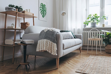 Bright and stylish  scandinavian room with design sofa, poster, plants, bookstand, coffee table, cozy blanket  and carpet. White background walls, brown wooden parquet and modern lamp. 