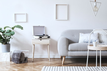 Stylish scandinavian white interior with design sofa, tropical plant, pillows, blanket, gramophone and mock up photo frames. White background walls, brown wooden parquet and modern triangle lamp. 