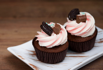 Chocolate, tasty and sweet cupcake with vanilla cream and condensed milk inside, painted in the...