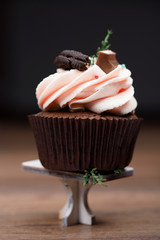 Chocolate, tasty and sweet cupcake with vanilla cream and condensed milk inside, painted in the fashionable color of 2019.