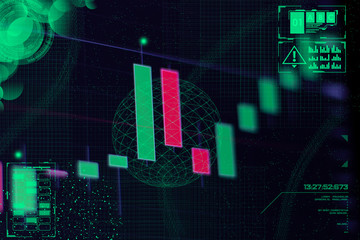 Abstract cold financial background with japanese candles and green neon holograms in space. The concept of stock trading with a hologram and a schedule.