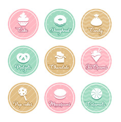 Set of confectionery labels with cake, doughnut, caramel, candy, pop cake, ice cream, pretzel, macaroon, chocolate