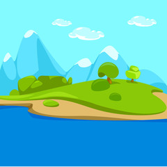 vector cute hill with lawn trees and bushes and snowy peaks in the background