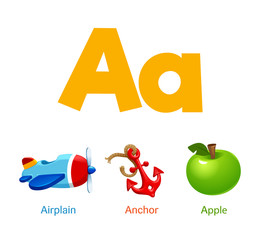 Cute children ABC alphabet flashcard words with the letter A for kids learning English vocabulary.