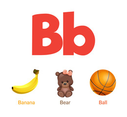 Cute children ABC animal alphabet flashcard words with the letter B for kids learning English vocabulary.