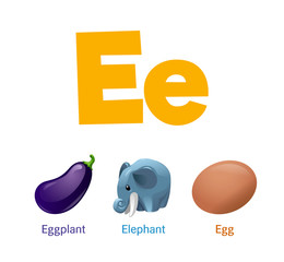 Cute children ABC animal alphabet flashcard words with the letter E for kids learning English vocabulary.