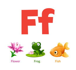 Cute children ABC animal alphabet flashcard words with the letter F for kids learning English vocabulary.
