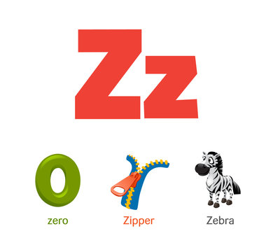 Cute children ABC animal alphabet flashcard words with the letter Z for kids learning English vocabulary.