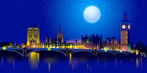 vector sunset and silhouette of London at night with stars and moon on the background. London City Skyline. Image for banner or web site.