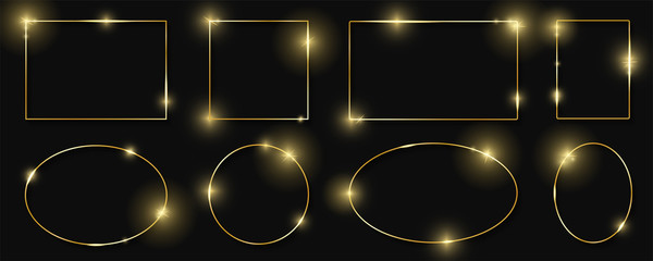Gold shiny glowing frames set with shadows isolated on black background. Pack of luxury realistic square, round, oval borders. Vector illustration