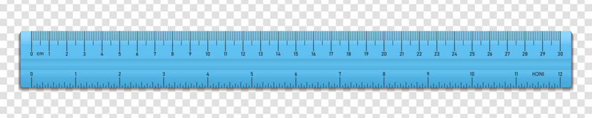 Realistic plastic blue tape ruler isolated on transparent background. Double sided measurement in cm and inches. Vector illustration