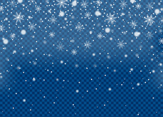 Realistic falling snow isolated on blue sky transparent background. Winter sky pattern. White snowfall texture. New year and Xmas concept. Snowflake effect. Vector illustration