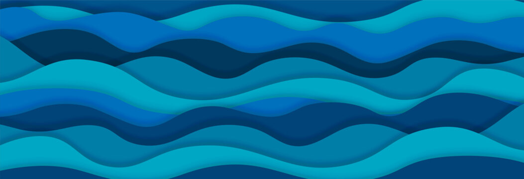 Layered paper art waves background. Sea water concept. 3D origami style design. Vector illustration