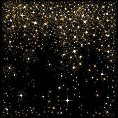 Falling stars and sparkles in white and gold on a black background for the holiday season