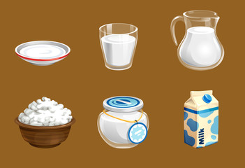 vector set of cute milk in a glass and a jug as well as cottage cheese and sour cream in different dishes