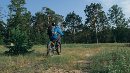 Fat bike also called fatbike or fat-tire bike in summer riding in the forest. The guy rides a bicycle among trees and stumps. He overcomes some obstacles on a bumpy road.