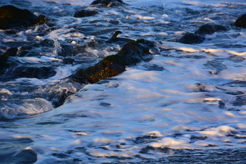 Winter beach / Ripples and waves crashing on rocks