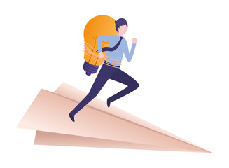 businessman on paper plane and light bulb