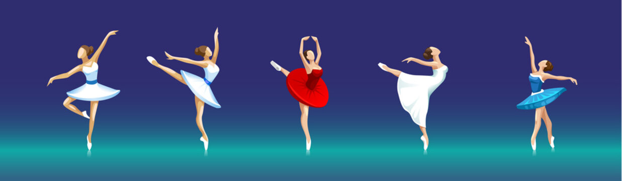 vector set of ballerinas in different poses on dark background
