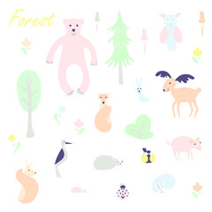 Cute animal and plant forest vector color characters set. Sketch fox, rabbit, hare, bear, fir tree, flowers, mushroom, great tit, hedgehog, squirrel, woodpecker, pig, elk, reindeer, owl in pastel blue
