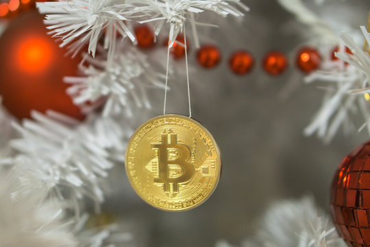 Bitcoin and christmas, new year gold bitcoin. Cryptocurrency bitcoin on a Christmas tree