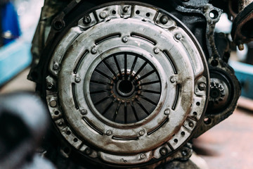 Used grunge dirty clutch kit on car service