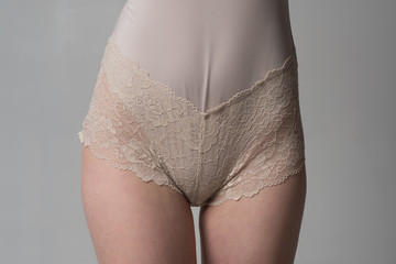Lingerie. Female hips closeup. Beautiful sexy lady in elegant panties. Beauty woman with attractive body in lace lingerie. Female vagina in underwear. Close up girl fashion panties. - obrazy, fototapety, plakaty