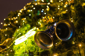 Classic toys on new year tree illuminated with led lights