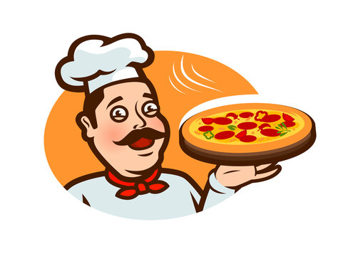 Happy chef holding a pizza tray. Logo or label, cartoon vector illustration
