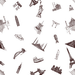 Seamless pattern of hand drawn sketch style world's famous landmarks and sights isolated on white background. Vector illustration.