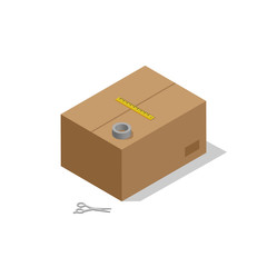 Isometric box with scissors, adhesive tape and ruler.