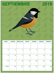 September 2019 calendar on spanish with a Coal tit in the middle