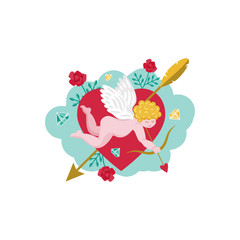 Card for Valentine's Day. Cupid with a bow. Heart with an arrow. Roses with thorns. Vector illustration in flat style.