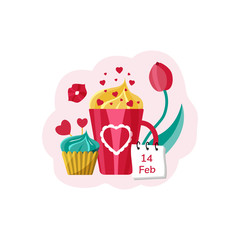 Card for Valentine's Day. Mug with drink, cupcake, hearts and tulip. Vector illustration in flat style.