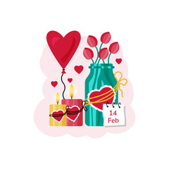 Romantic ard for Valentine's Day. Tulips in a can, candles with hearts and a heart-shaped balloon. Vector illustration in flat style.