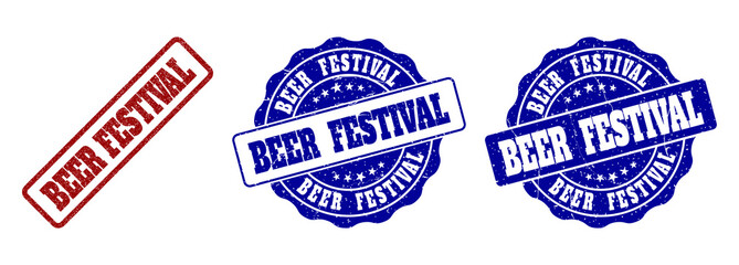 BEER FESTIVAL scratched stamp seals in red and blue colors. Vector BEER FESTIVAL labels with distress style. Graphic elements are rounded rectangles, rosettes, circles and text labels.