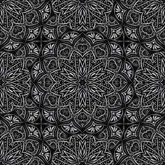 Silver mandala seamless pattern on black background.