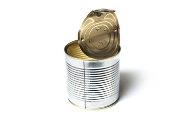 closeup of metallic can for recycling on white background