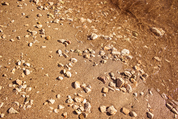 bright vivid yellow sea sand and stones shoreline background texture surface